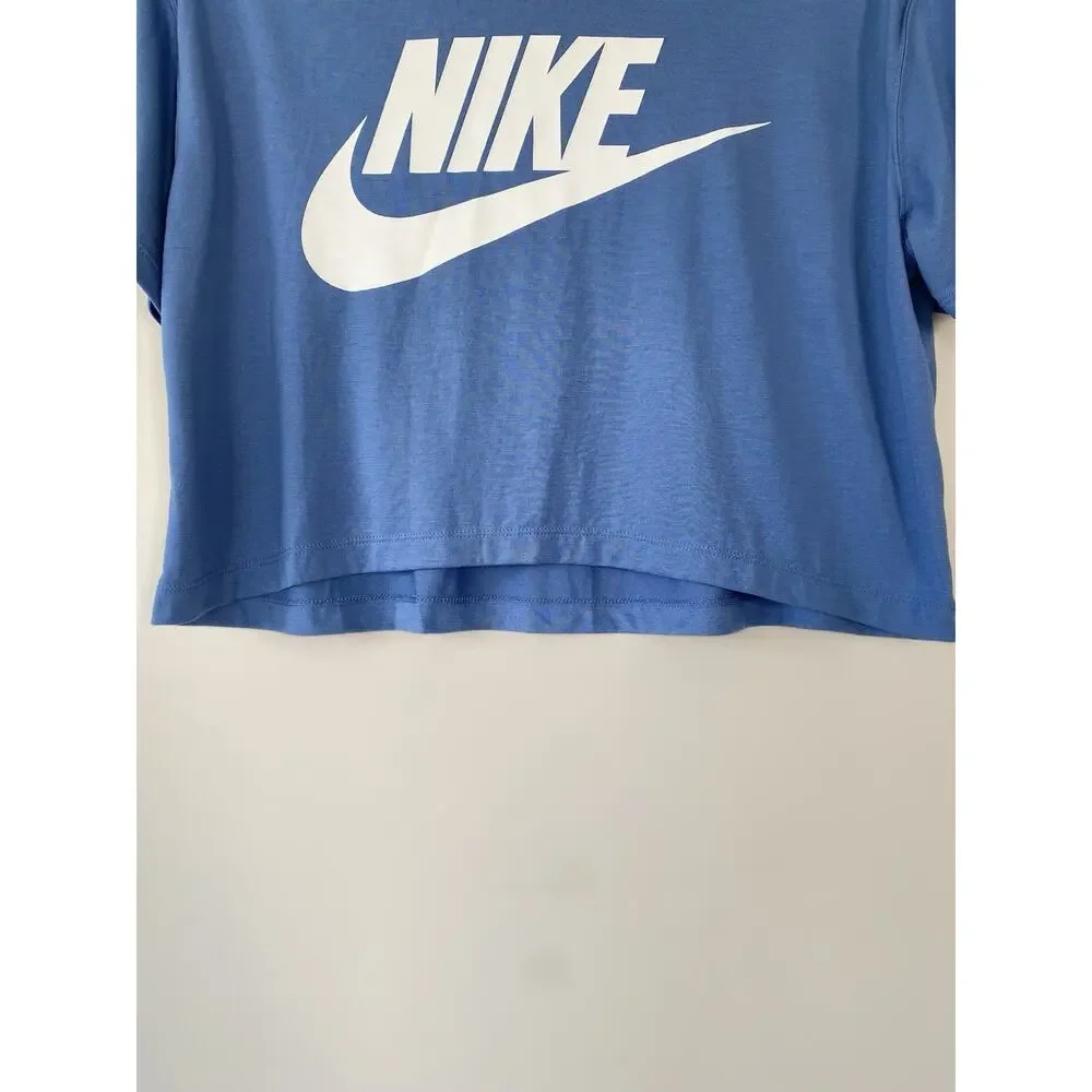 Nike Crop Logo Tee Top Blue White SZ L Activewear Workout Casual Modal Blend